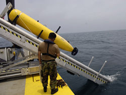 An unmanned undersea vehicle (UUV) being deployed during a U.S. Navy Office of Naval Research demonstration near Panama City. Solid oxide fuel cell technology being developed by the Office of Fossil Energy for coal-fueled central power generation is being adapted to power UUVs.